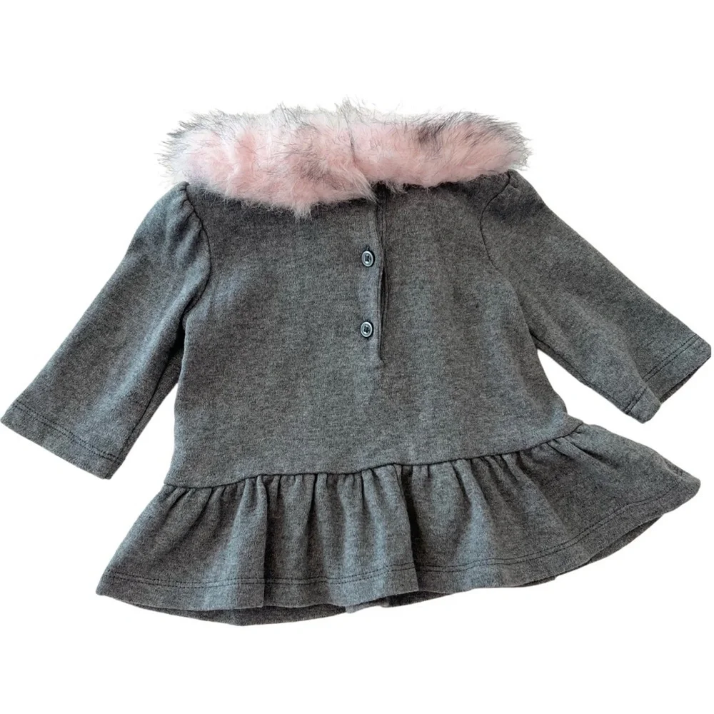Janie and Jack Gray Long Sleeve Top with Pink Faux Fur Collar & Bow | Baby 12M